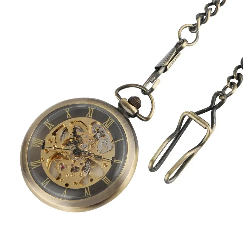 Bronze Antique Style Men Women Mechanical Hand Winding Skeleton Pocket Watch Roman Number Fob Chain Clock Relogio De Bolso
