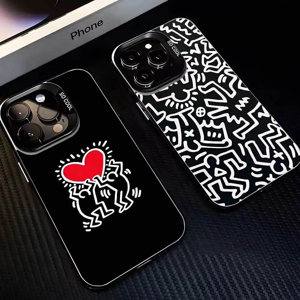 

K-Haring-Works-Colorful-Print Phone Case For iPhone17,16,15,14,13,12,11 Plus,Pro Max Black Matte Shockproof Cover