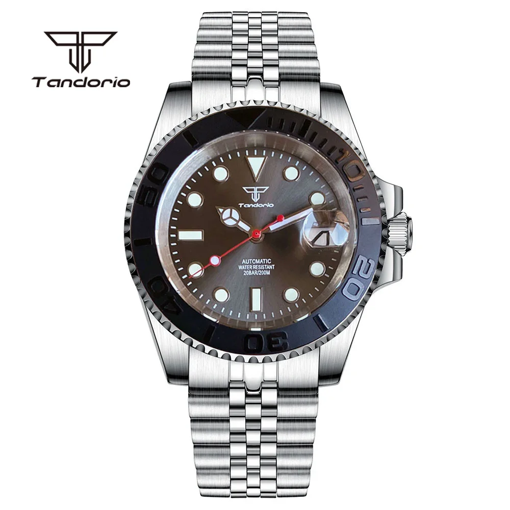 Tandorio Gray Sunburst Mechanical Automatic NH35 Men Watch Date Sapphire 40mm Dive Stainless Steel Wristwatch 20bar Luminous