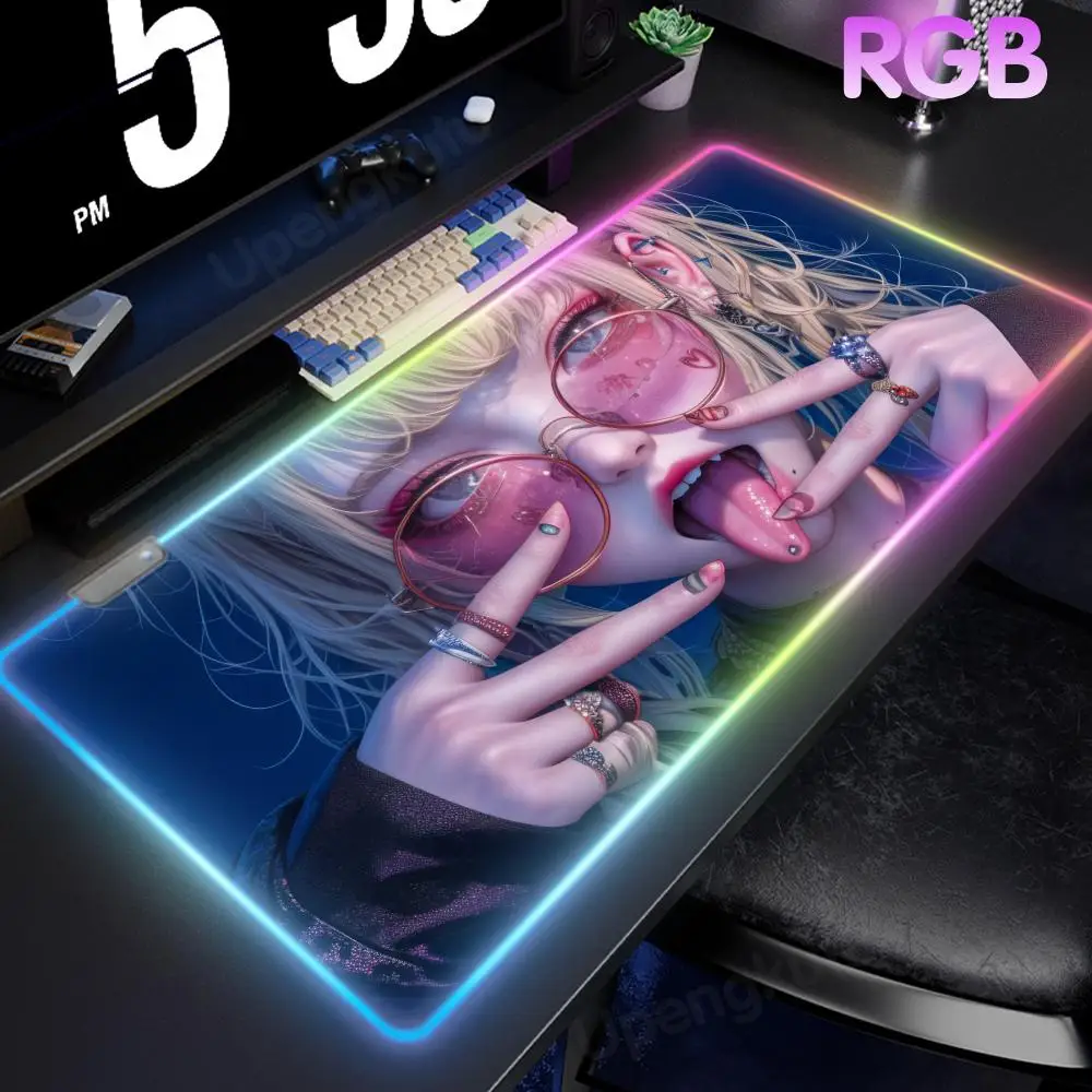 

Сексуальный коврик для мыши с аниме-девушкой XL, RGB-подсветкой, для киберспорта, для компьютерной клавиатуры, модный, большой, светящийся, для геймеров, настольный коврик