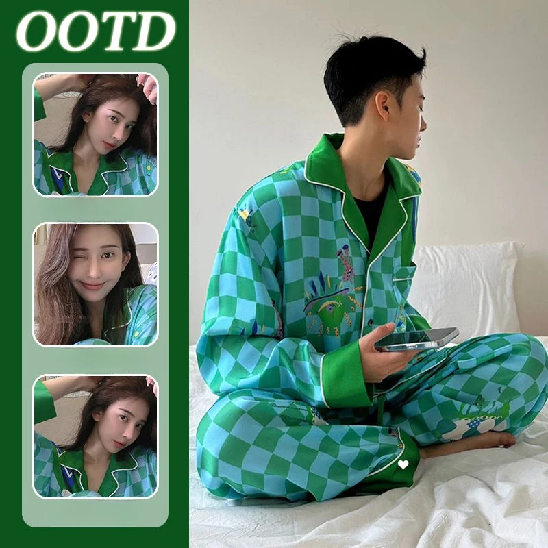 

2024 The Latest Spring Autumn Pajamas Korean Style Long Sleeve Sleepwear Men Lapel Home Wear Couple Plaid Print Nightdress Set