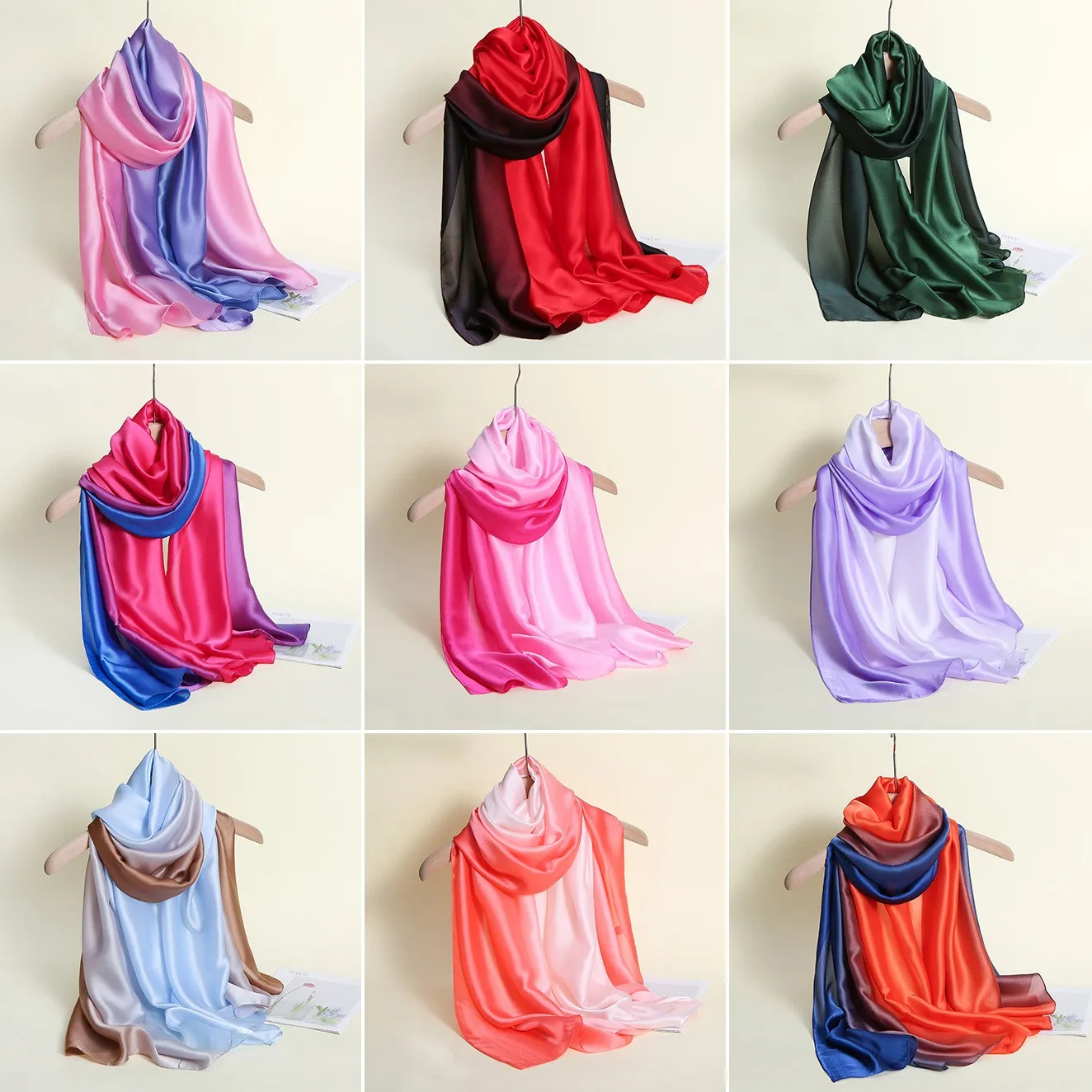 

Gradient color matching scarf etiquette adorns the hair with long silk beach scarf accessories