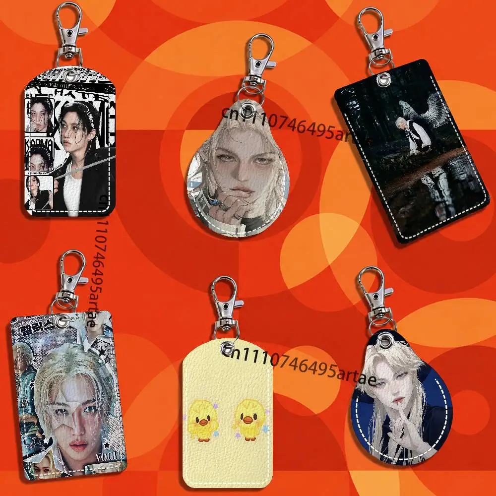 F-Felix Lee S-SKZ Rectangle ID Card Case Keychain Access Card Bag Key Tag Ring Leather Card Holder Key Ring