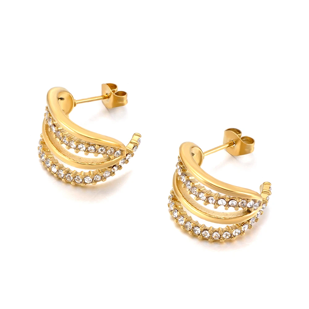 JeeMango Fashion 18K Gold Plated Stainless Steel Three-Layer Hollow White Rhinestone C-circle Earrings for Women серьги E26005