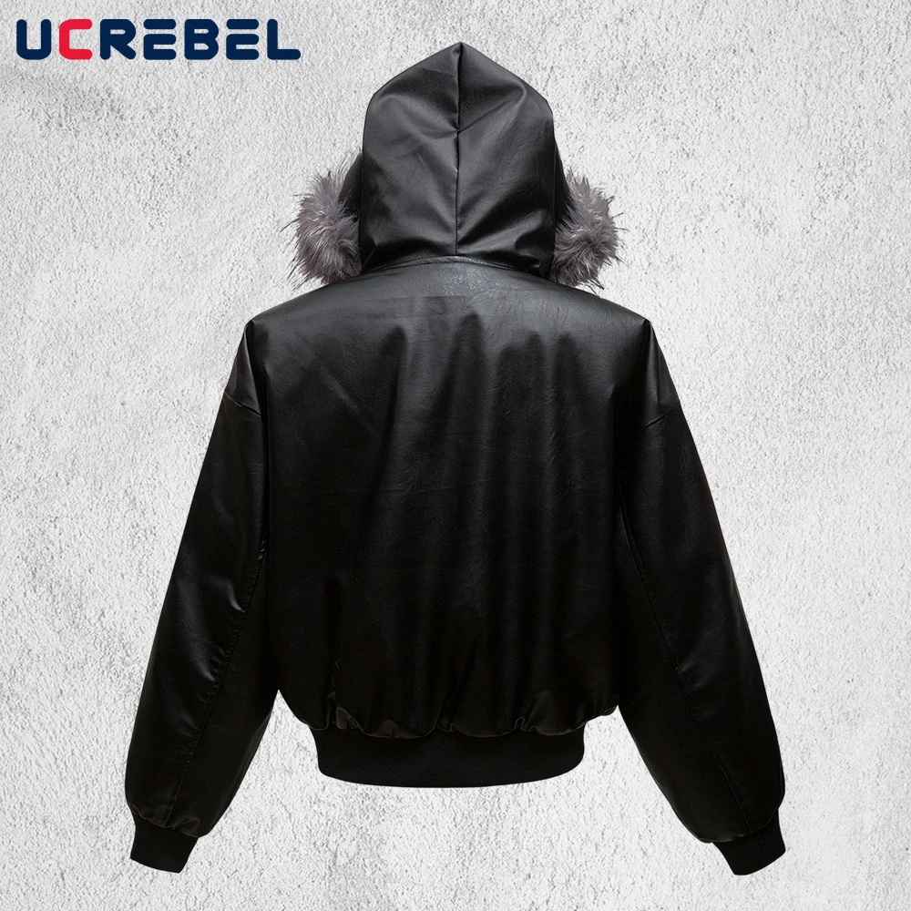 PU Leather Hooded Quilted Jacket Mens Winter Big Pocket Fur Collar Long Sleeve Thick Outerwear Man