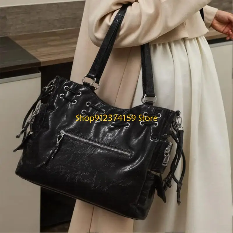 

G5AE Retro Large Underarm Bag Drawstring Satchel Studded Crossbody Bags PU Leather Shoulder Handbag for Shopping and Travel