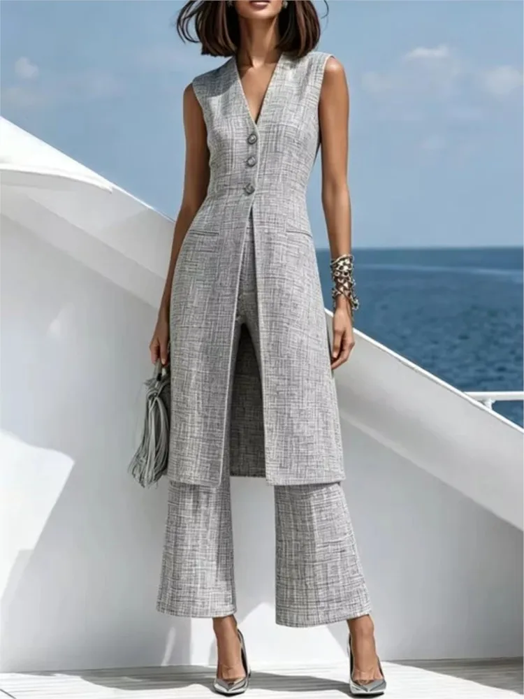 Sexy V-neck Button Up Cardigan Jacket, Long Pants Party Set, 2026 Summer Minimalist High Waisted Women's Commuting Two-piece Set