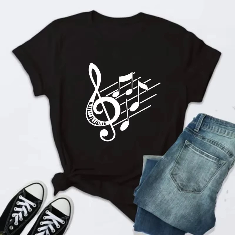 New Summer Women Tee Music Note Graphic Print Women Casual Short Sleeve O-neck Breathable and Refreshing High Qaulity Fabric Top