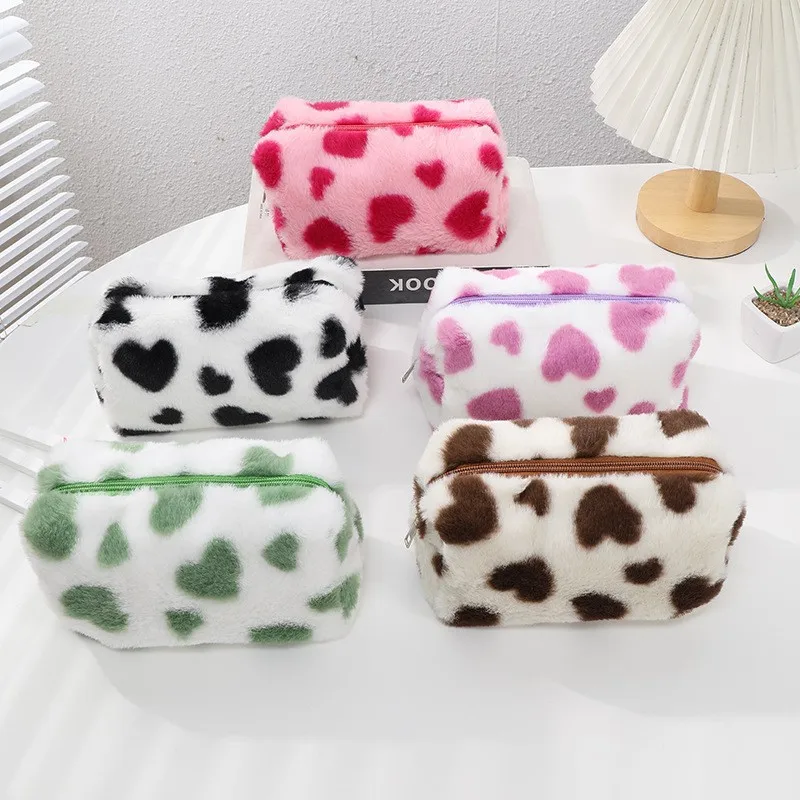 Cute love pen bag plush makeup bag Large capacity travel storage bag pencil case