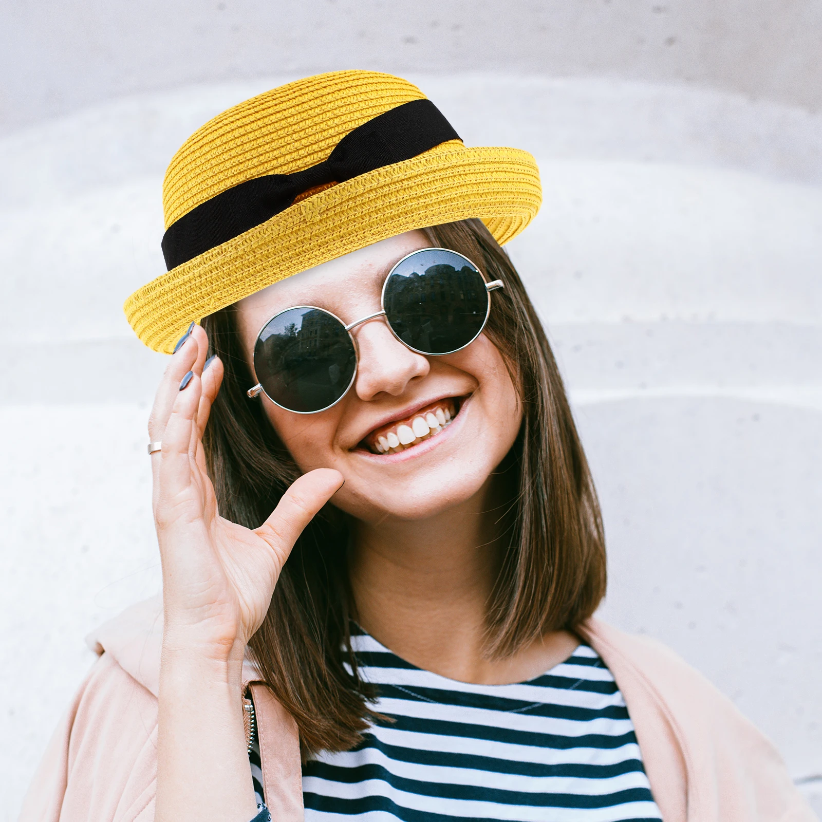 

Dome Straw Hats Women Girls Sun Hat Yellow Free Size 56cm 58cm Beach Foldable Wide Brim Cloche Bowknot Breathable