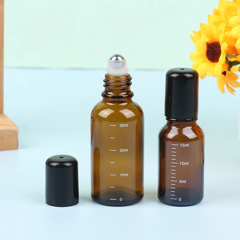 1Pc 5/10/15/30/50ML rotolo di vetro sottile ambrato su bottiglia per fiale di olio essenziale con contenitori per bottiglie riutilizzabili a sfera in metallo a rullo