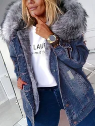 LW Plus Size thick warm jacket Hooded Collar Ripped Patchwork Denim Jacket Women Winter Down Denim Jacket (No Stretch)