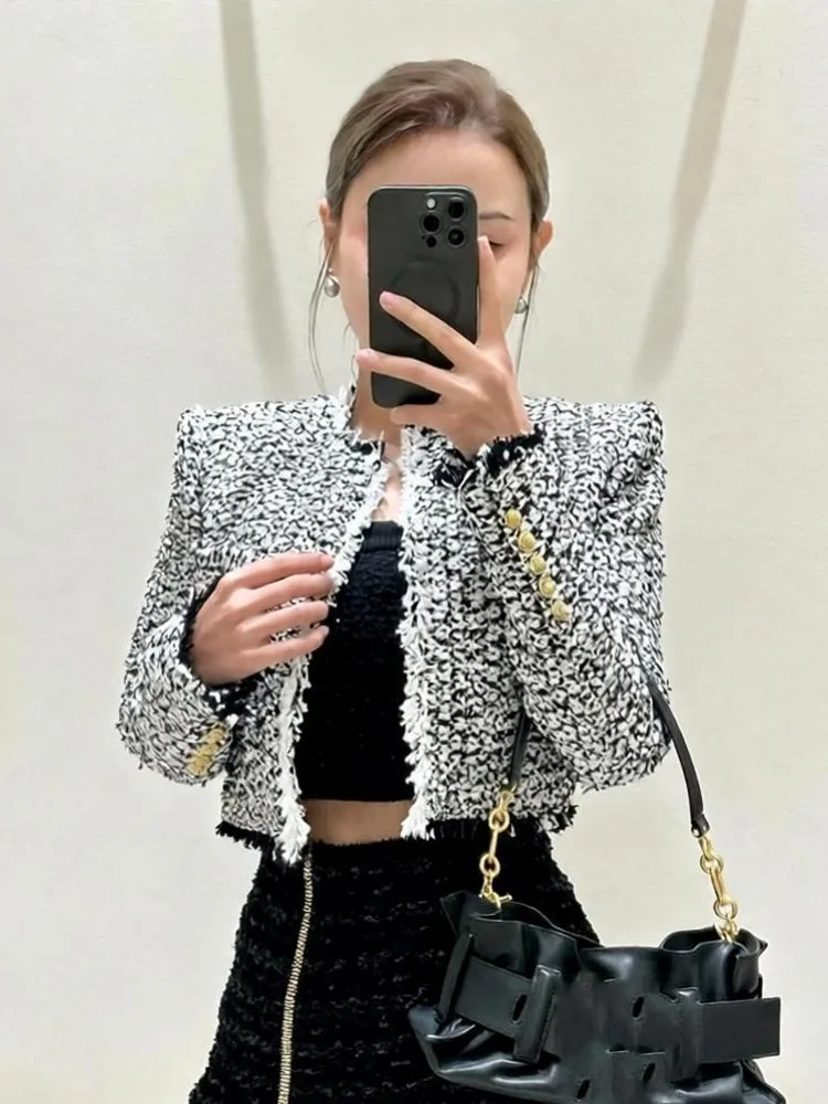Autumn Fashion Office Ladies Jacket Cardigan Mixed Color O-Neck Tassels Elegant Tweed Coat Long Sleeve Women Casual Outerwear