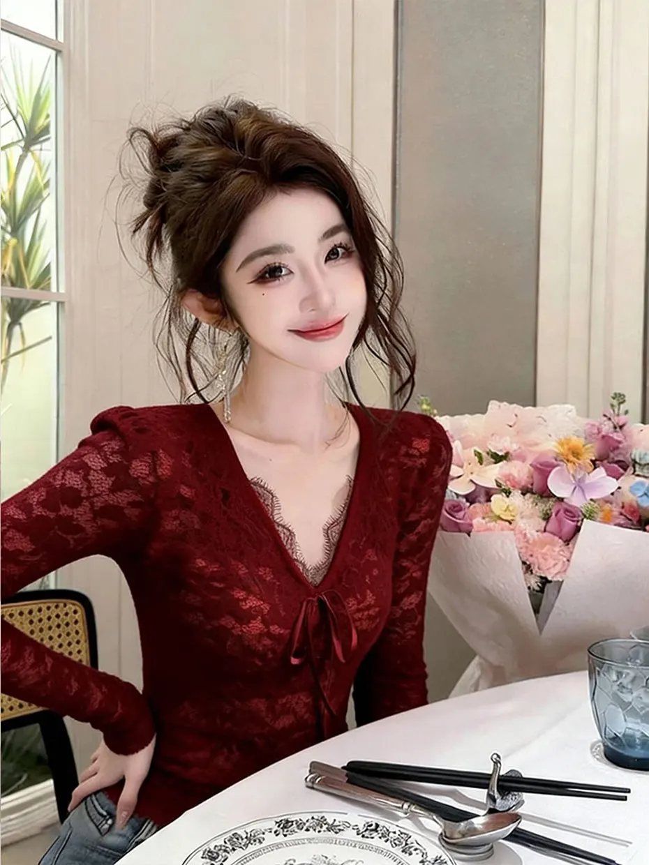 

Red V-Neck Long Sleeve Lace Base Shirt Sexy Fur Inner Wear Slimming Fashionable Girl's New Year's Top Luxury Style Polyester ...