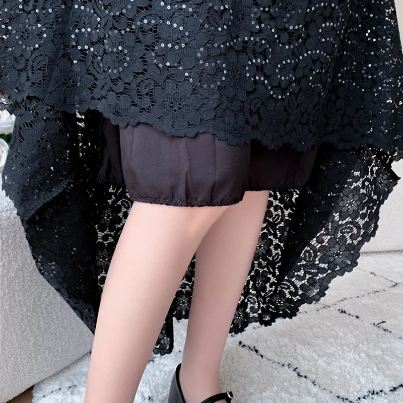 Vintage A Line Black Skirts Women 2024 Summer Korean Fashion Clothing Casual Faldas Elegant High Waist White Lace Long Skirt