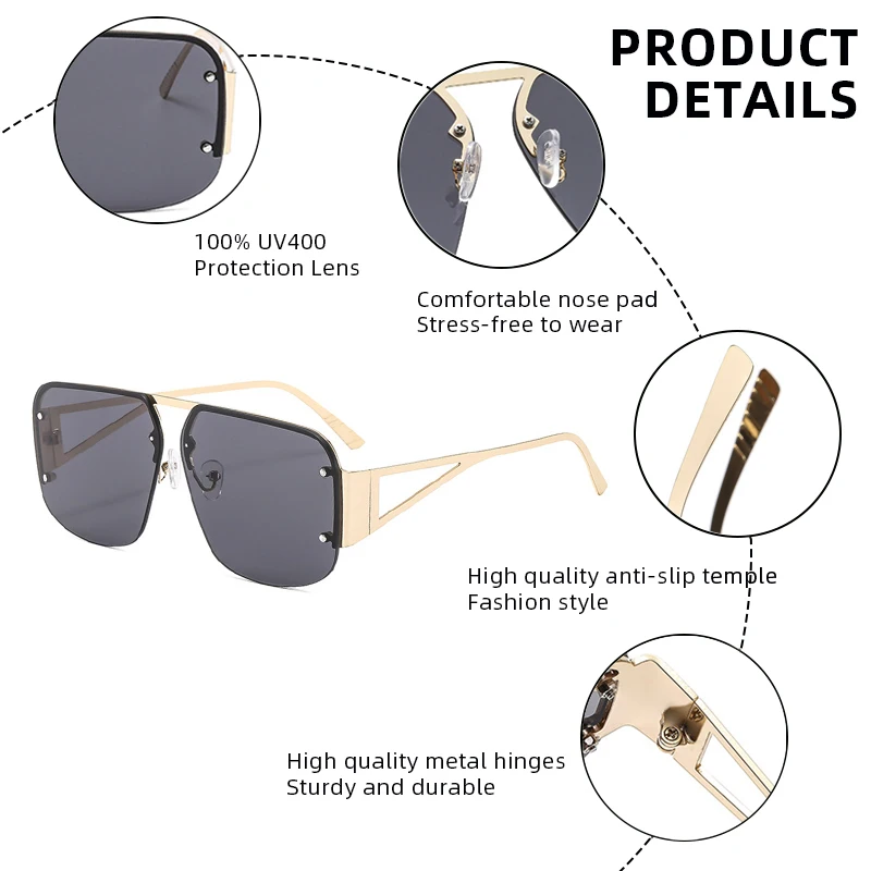 Luxury Metal Half-rim Women Sunglasses Classic Oversized Ladies Sun Glasses Fashion Daily Decorative Shades Driving Glasses