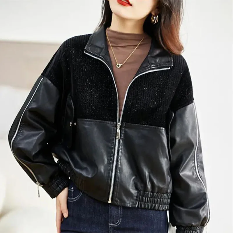 Splicing Short Leather Jackets Women's Outwear Spring Autumn New Fashion Loose Long Sleeve Casual Stand Collar Leather Jacket To