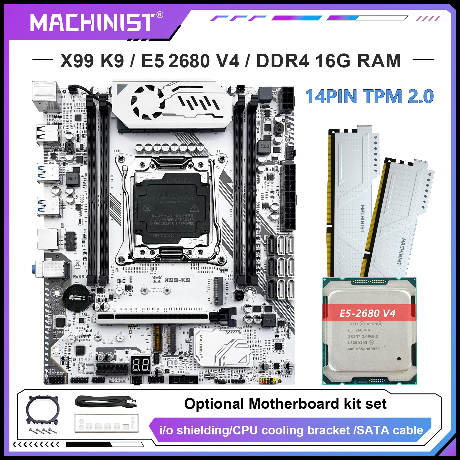 

MAXHINIST X99 K9 TPM 2.0 Motherboard LGA 2011-3 Xeon E5 2680 V4 CPU 16GB 2666MHz DDR4 RAM Four channels Memory options Kit