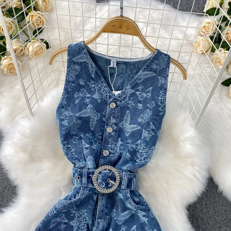 

Summer High-End Casual Straight Leg Wide Leg Jumpsuit New Retro Jacquard Denim Jumpsuit for Women