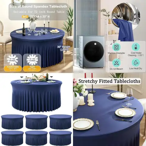 Navy Blue 6 Pack Spandex 72 Round Tablecloths with Skirt, 132 Stretchy Fitted Covers for 6ft Tables, Perfect for Weddings, Parti
