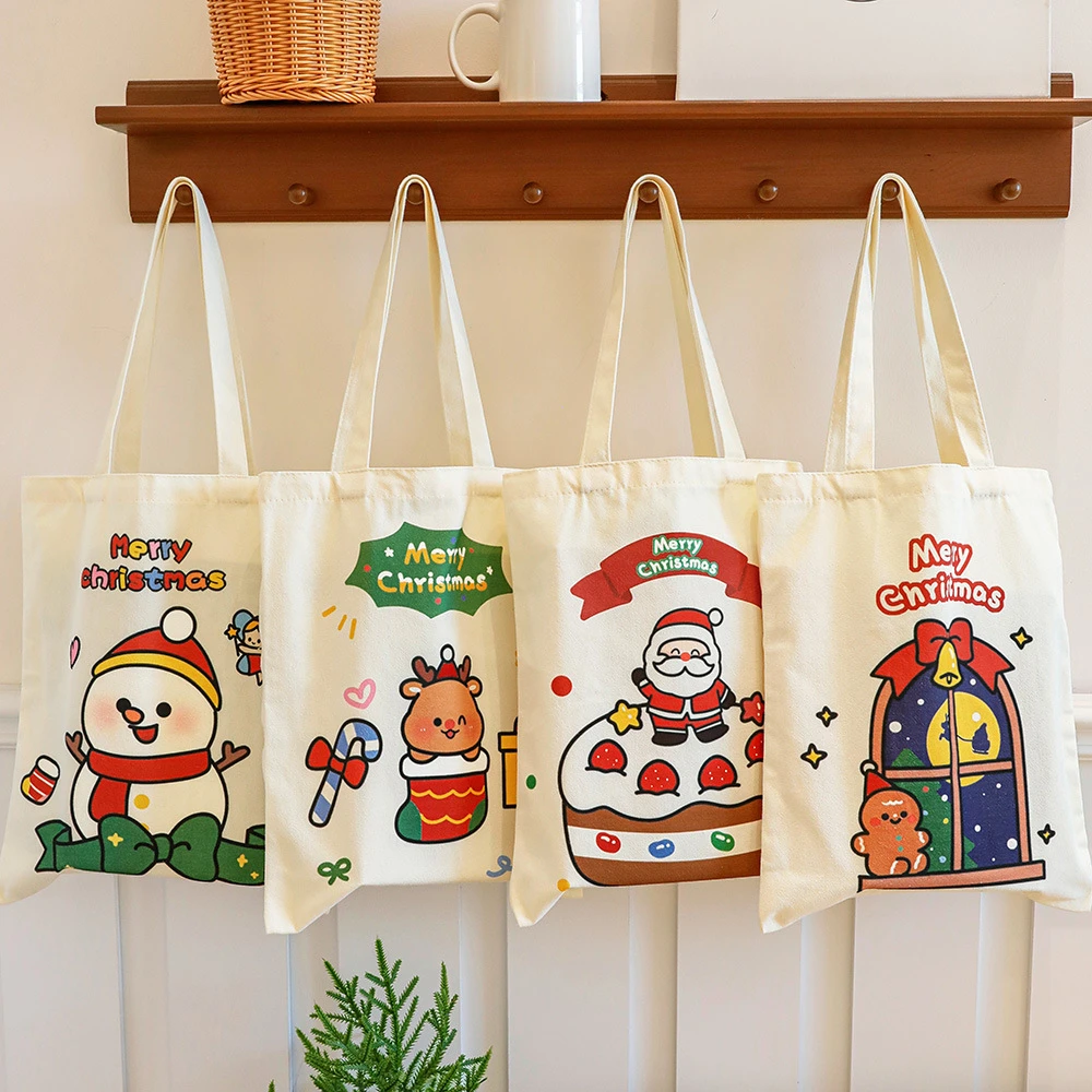 

Christmas Canvas Bag Cartoon Santa Claus Elk Xmas Tree Pattern Handheld Gift Bag Merry Christmas Happy New Year Decor Supplies