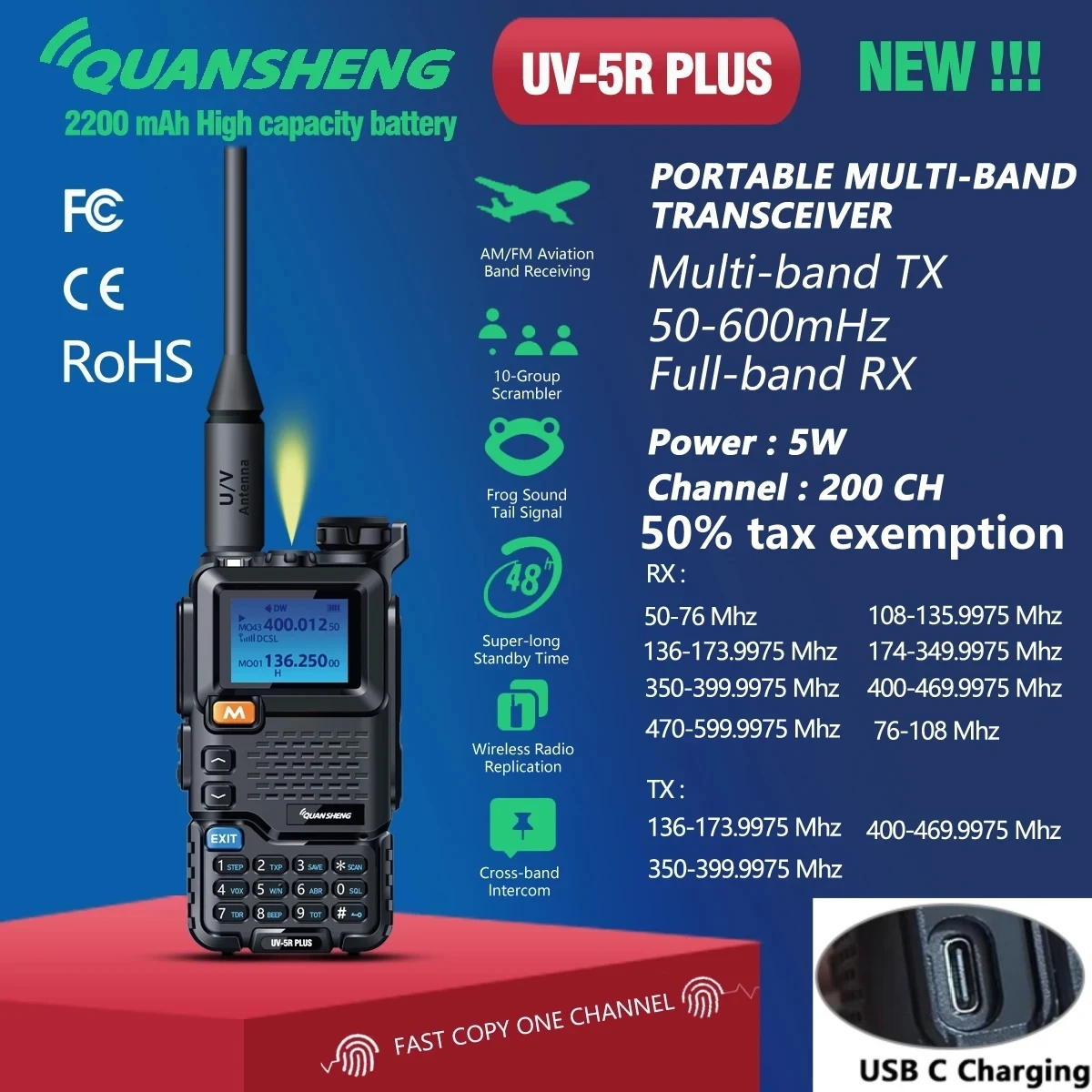 

НОВАЯ рация Quansheng UV-5R PLUS UV-K5, двухдиапазонная воздушная двусторонняя радиостанция дальнего действия, 5 Вт, высокая мощность, 2200 мАч, портативная, 200 каналов
