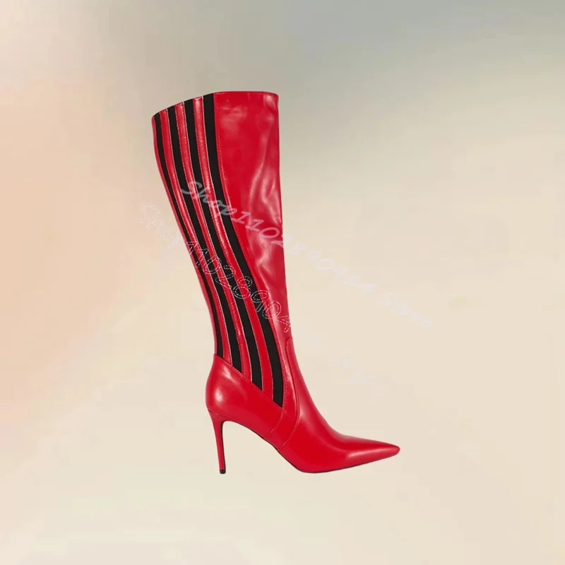 Botas puntiagudas rojas con diseño de rayas negras Para mujer, Zapatos de tacón alto fino sin cordones, novedosos, Para fiesta y oficina, 2024