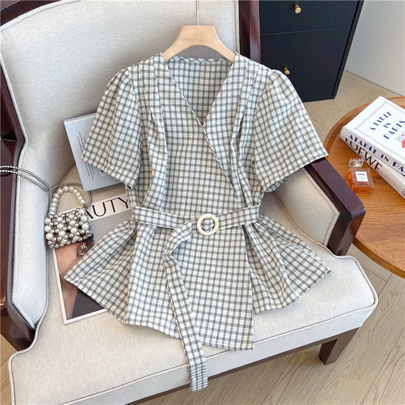 Chic Plaid Shirt Women Summer Harajuku Fashion V Neck Short Sleeve Top Korean Sweet Slim All Match Female Casual Blouse New