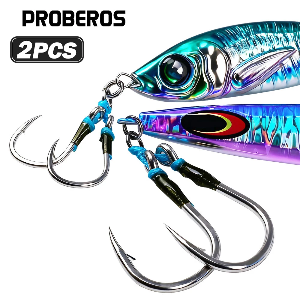 Proberos 2 Stück Angelhilfshaken mit PE-Leine zum Jiggen, 6X Extra Starke Salzwasser-Jigging-Hilfshaken