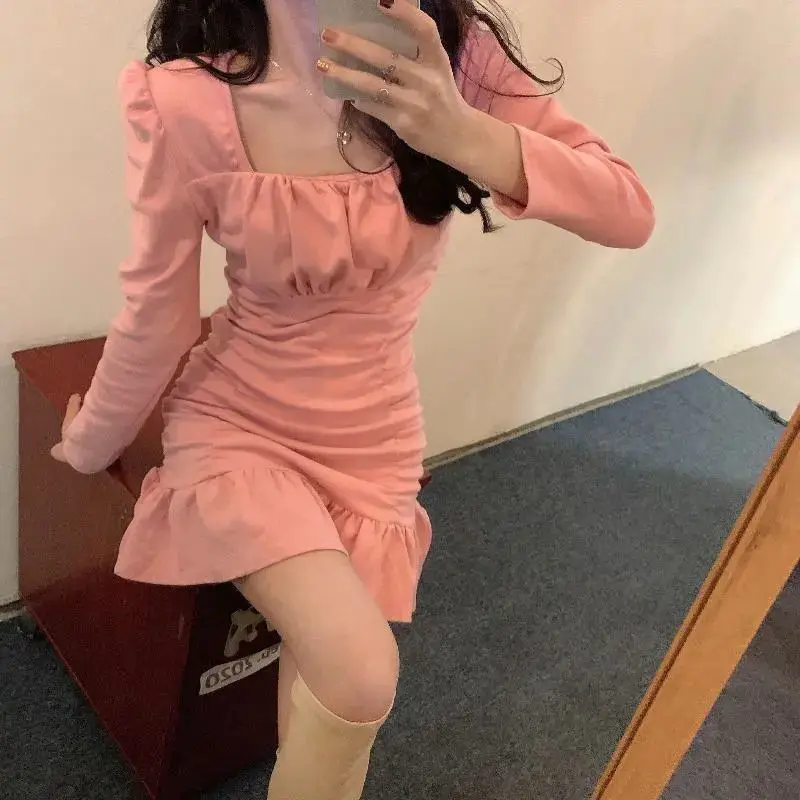 Dress for Women Sweet Retro Square Neck Pink Brushed Fur with a Base Skirt New Style Temperament Skirt