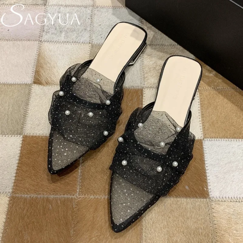 

Sexy Pointed Toe Women Slippers Pearl Mesh Flats Mules Shoes Luxury New Sandals 2025 Summer Designer Party Woman Slingback Shoes