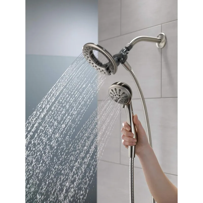 2-in-1 Dual Shower Head with Handheld, Brushed Nickel Round Shower Head with Hose, Detachable Shower Head, Hand Held S