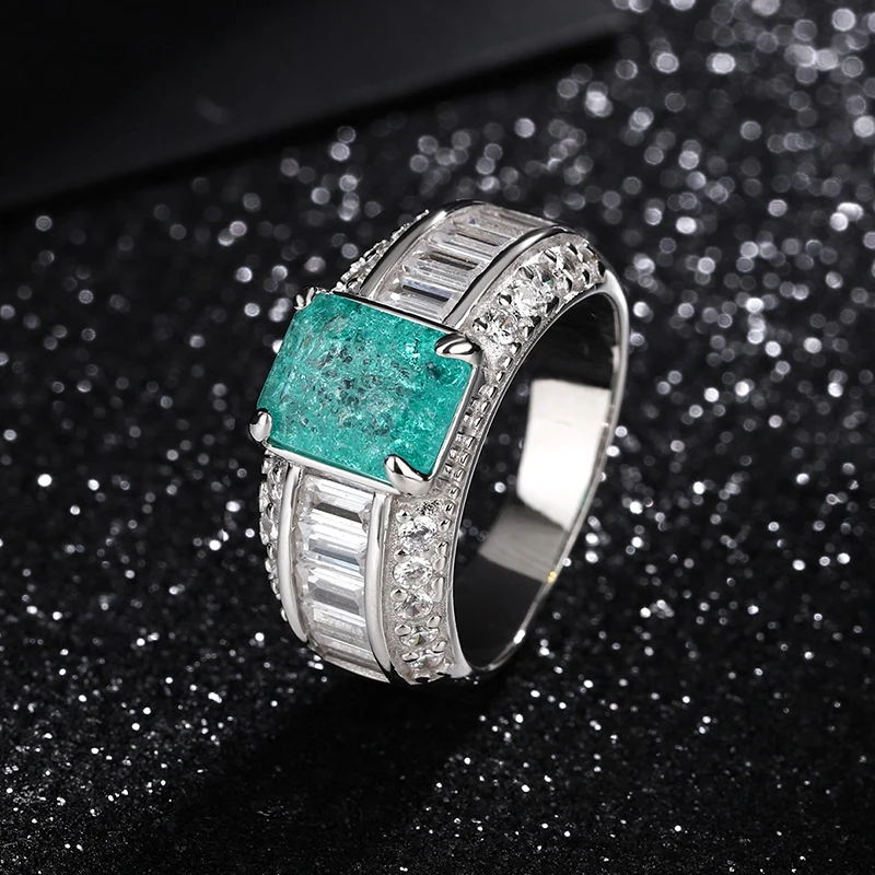 NEW Fashion Princess Paraiba Sapphire Full Diamond Couple Ring For Women Geometry Silver-Plated Christmas Gift Party Jewelry