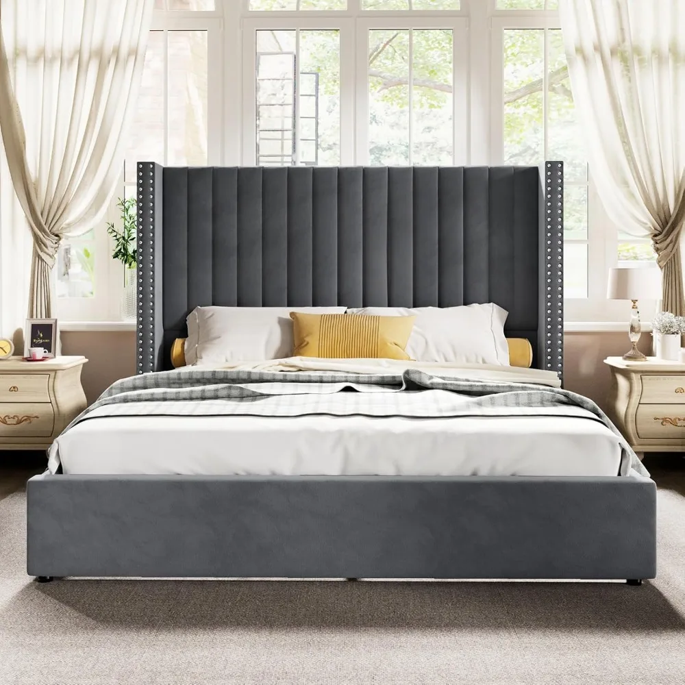 Lift up Storage Bed Frame Queen Size,Upholstered Platform Bed Velvet with Channel Tufted Wingback Headboard,No Box Spring Needed