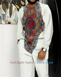 New African Long Sleeve Dashiki Outfits Autumn Oversized T-Shirt Trousers 2-piece Set Fashion Walking Suits Casual Men Clothing