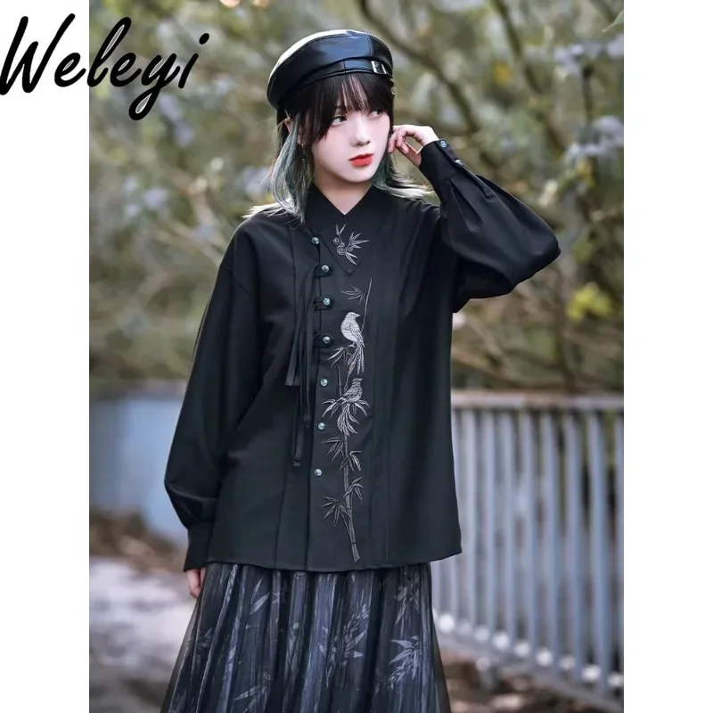 

Grunge Clothes Gothic Women Shirt 2024 New Chinese Style Women's Embroidery Black Long Sleeve Blouse Diagonal Placket Top Female