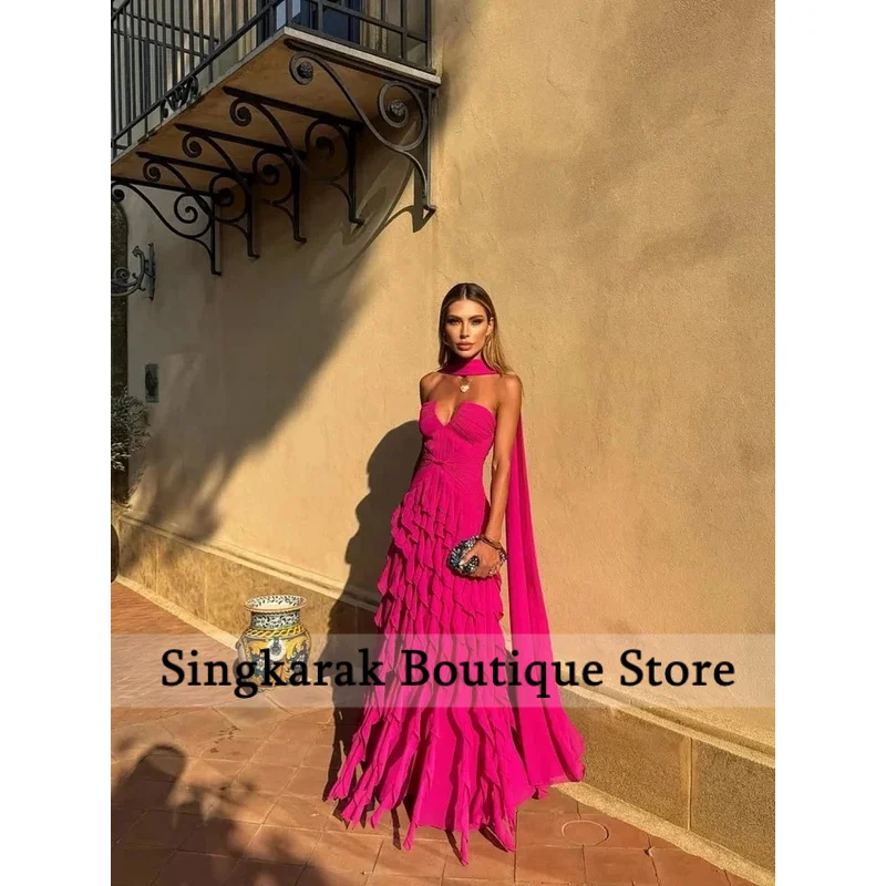 2026 New Halter Long Train Evening Gown Sweetheart Multi Layer Ruffle Chiffon Maxi Dress Sexy Backless Flowing Ribbon Prom Dress