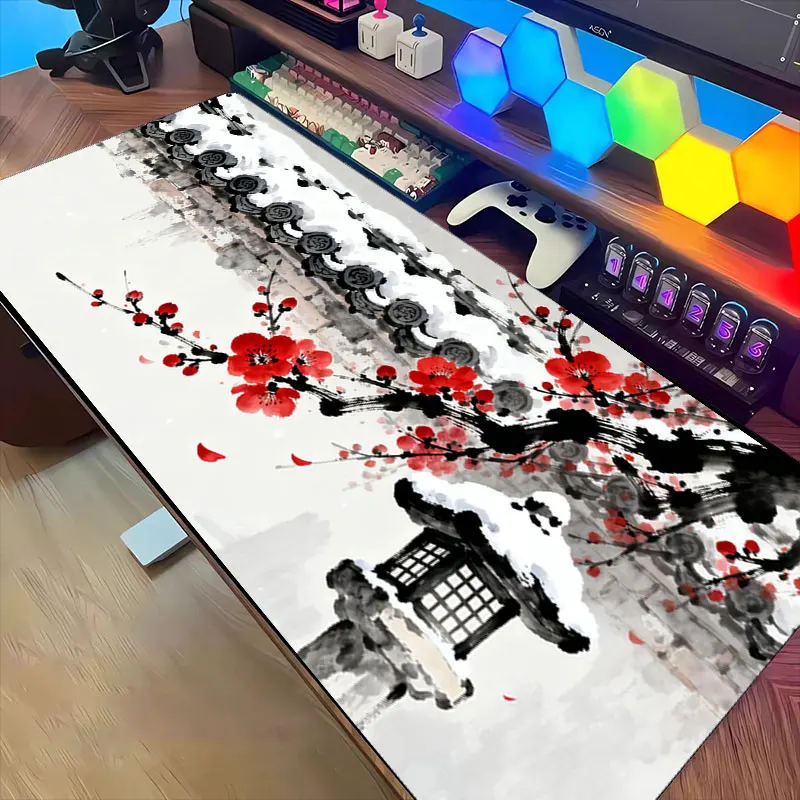 Red Sakura Ink Mouse Pad Landscape Gaming Desk Mat 400x800 Non-slip Rubber Base Washable PC Pads for Game & Office Room Mats