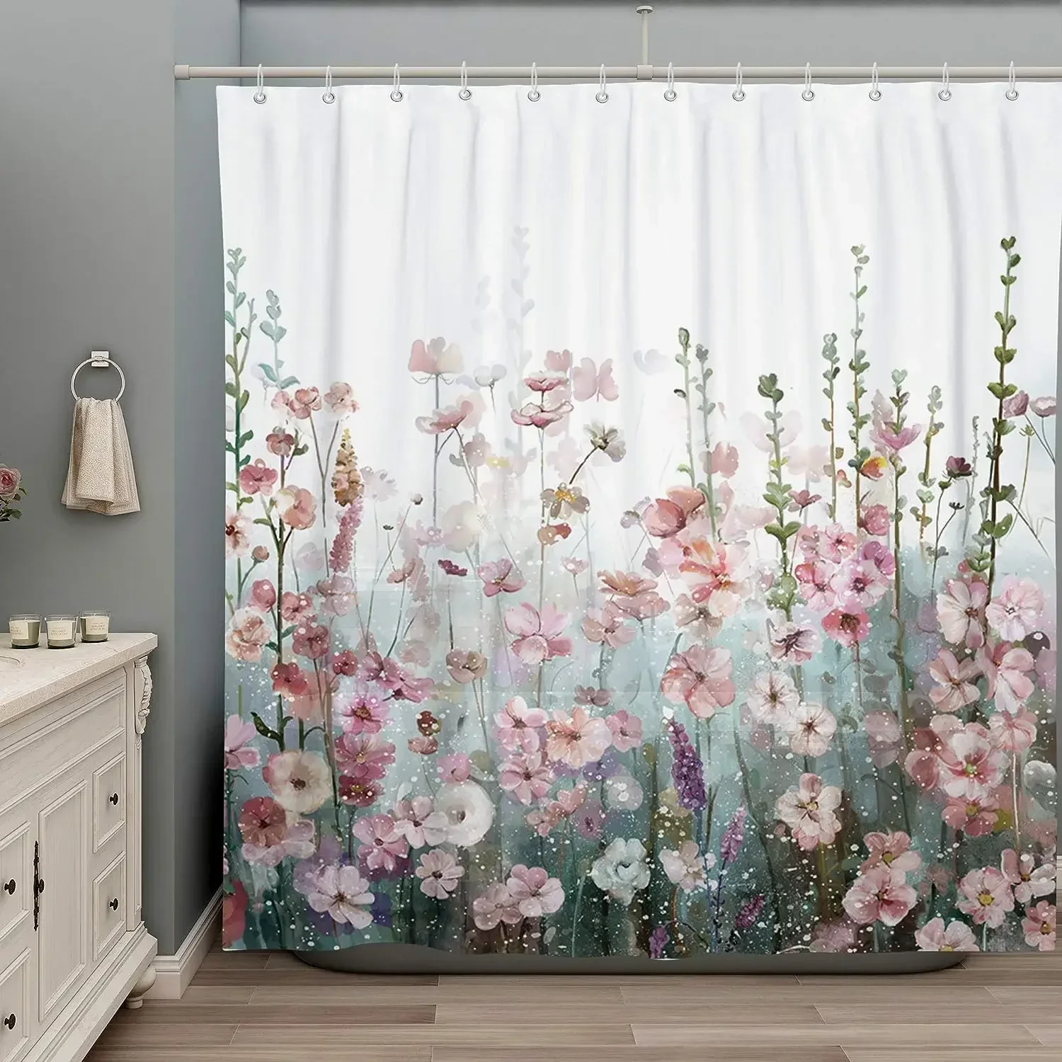 Colorful Flower Dhower Curtain, Watercolor Floral Romantic Wildflower Plants Nature Scenery Girl Pink Flower Bathroom Decoration