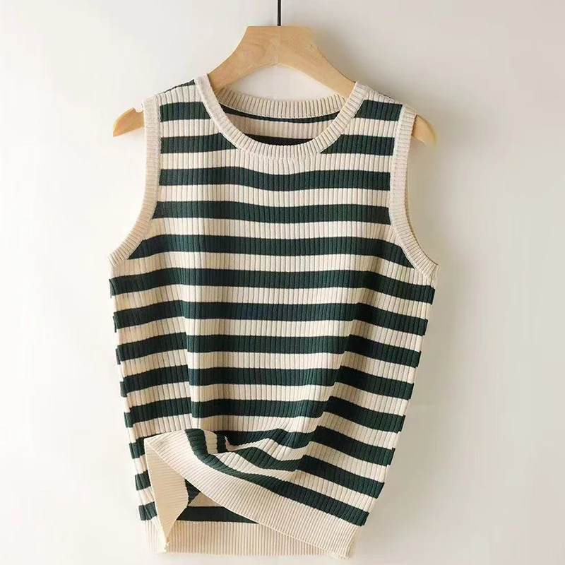 Summer 100% Pure Cotton Women's Sleeveless T-Shirt Casual Striped Knitted Pullover Loose Round Neck Tees Pull Vest Tank Tops