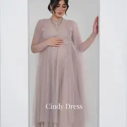 Robe de Soirée Rose en Maille Personnalisée pour Femme Enceinte, Élégante, de Luxe, avec Broderie de Perles