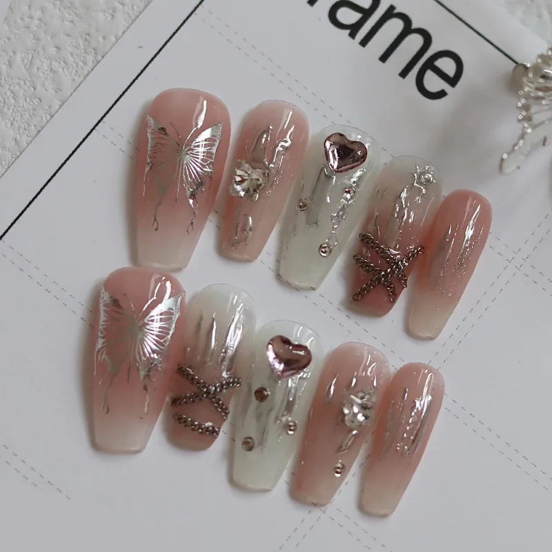 10PCS Handmade False Nail Sliver Pink Butterfly y2k Style Fake Nail False Nails Wearable Full Cover for Girl Press on Nail Tips