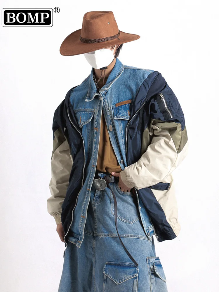 [Bomp] 2024 Herbst Männer Denim Vintage gefälschte zwei wasch bare vielseitige lose Jacke Rüschen Jeans jacke Mode neue Mode