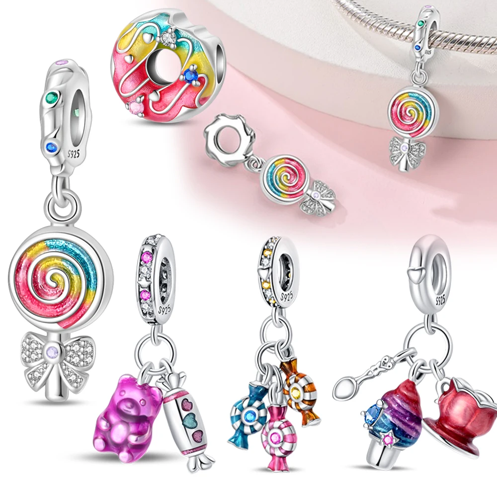 Beautiful Christmas Rainbow Candy Dangle Charm Fit Original Bracelet 925 Silver Donut Charm for DIY Jewelry Making Gift
