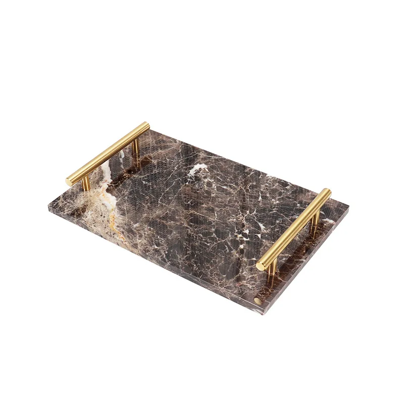 Modern natural marble square stone metal handle tray decoration hotel bathroom cosmetics jewelry storage tray