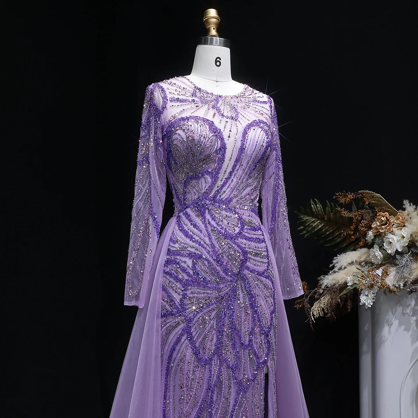 Sharon Said Dubai Luxuriöses Flieder-Abendkleid mit hohem Seitenschlitz, Weinrot, Grün, Damen-Abendkleider SS160, individuell anpassbar – Detail 7