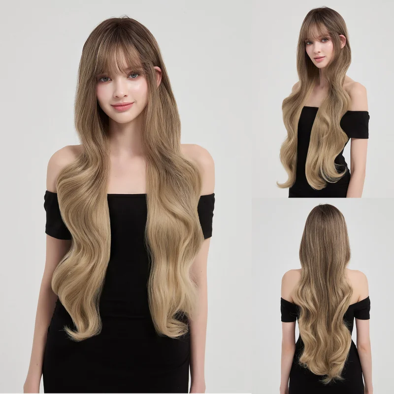 European American style fashion gradient golden-brown high-crown matte silk long curly hair full wig can be styled, women's