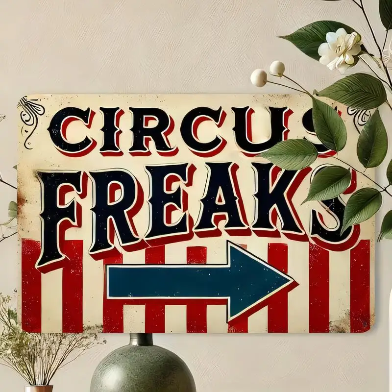 Vintage Circus Freaks Metal Tin Sign - Retro Red/White Striped Wall Art with Arrow, Iron Material, Perfect for Circus - Themed R