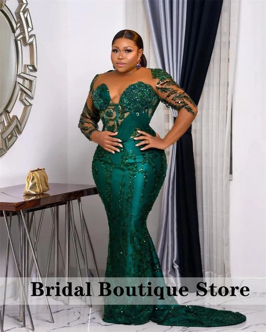 

Plus Size Arabic Aso Ebi Green Prom Dresses Lace Beaded Crystals Evening Formal Party Second Reception Birthday Dress Customized