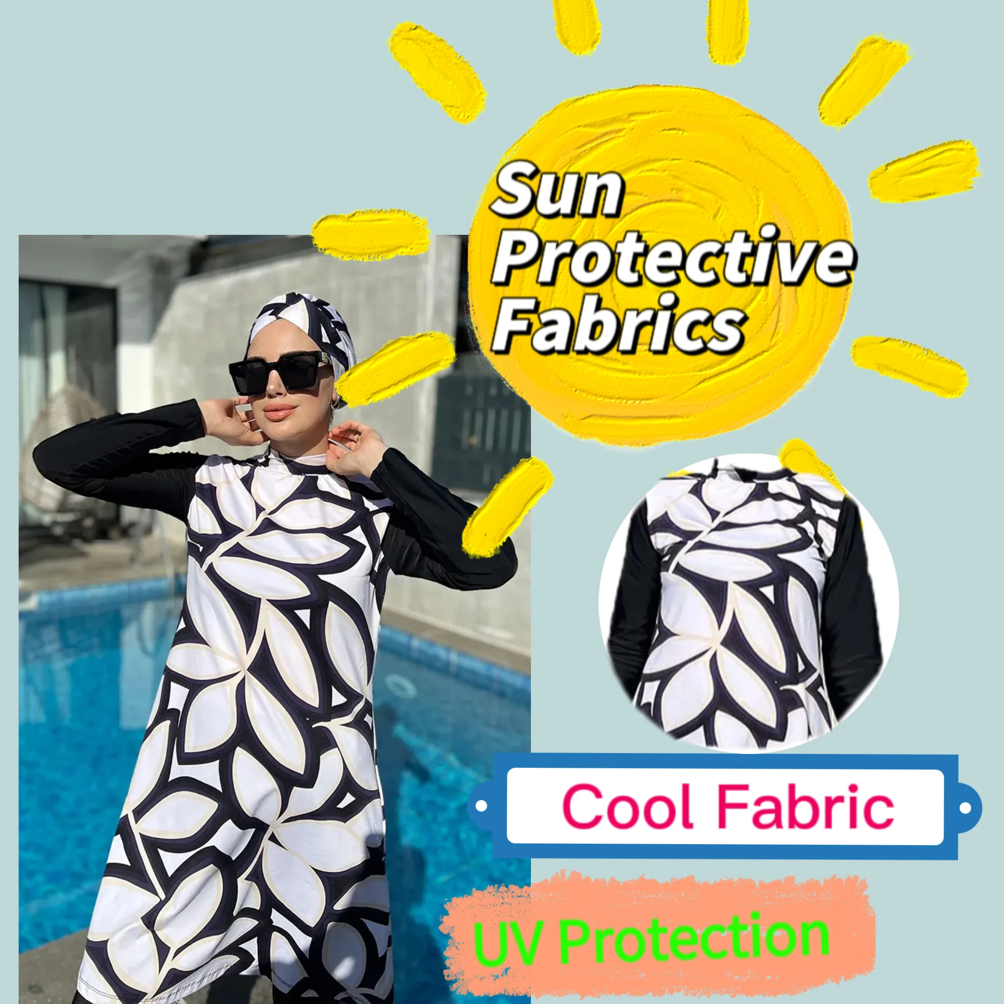 3 Pcs/Set Muslim Swimwear Women\'s Printed Stretch Full Cover Islamic Clothing Hijab Long Sleeve Sports Swimwear Burkini Swimwear